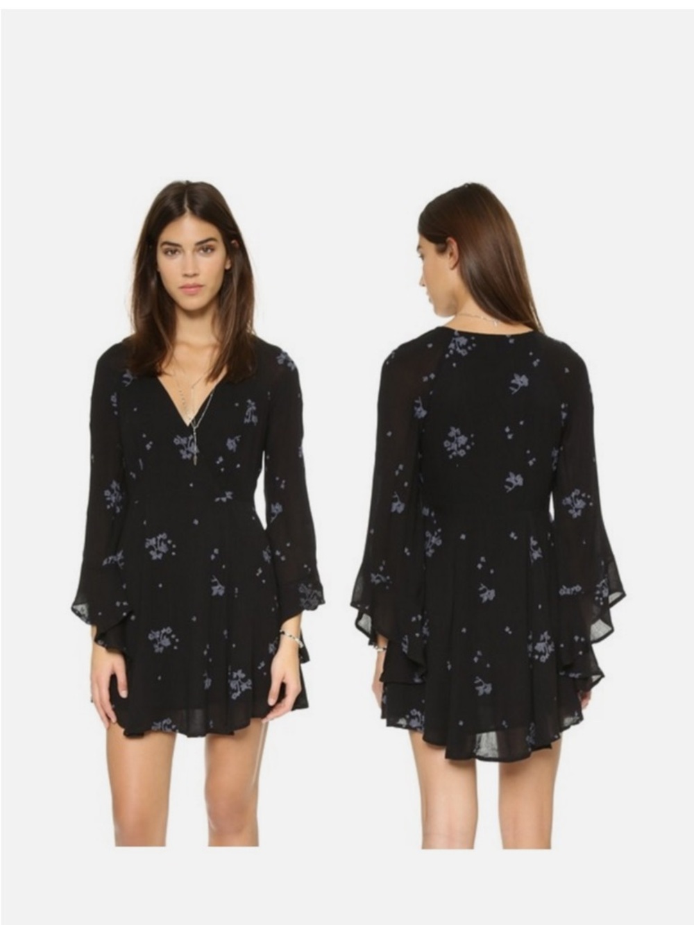 Free people Jasmine bell sleeve floral embroidered mini black dress size 6